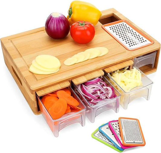 Premium Bamboo Cutting Board with Built-in Compartments & Juice Groove